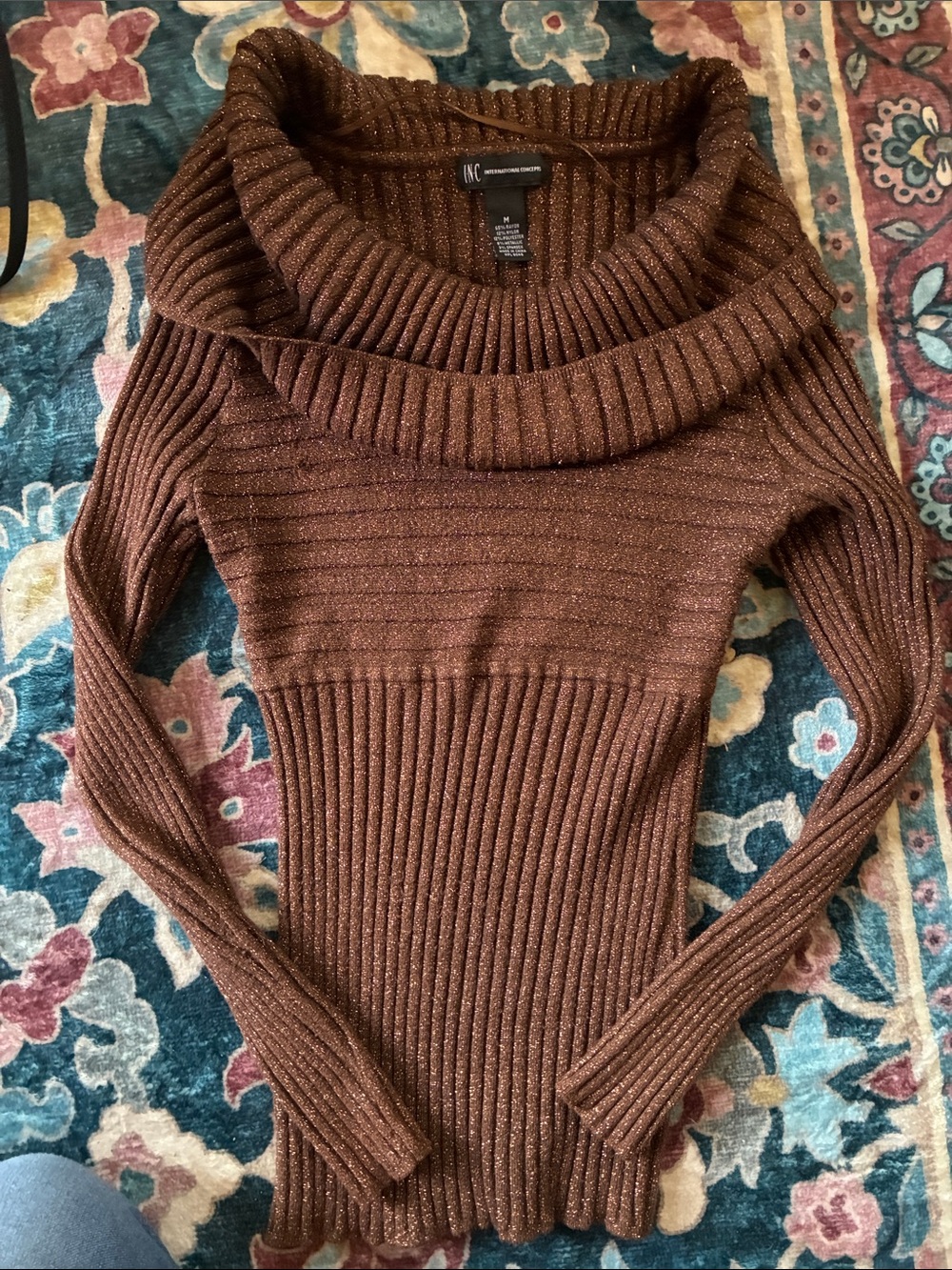 INC International Y2K Concepts Metallic Copper/Brown Ribbed Cowl-Neck Sweater M